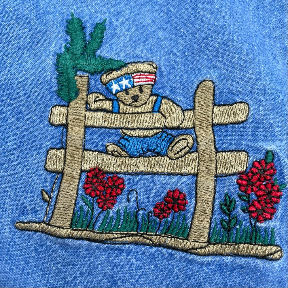 Vintage 90s Teddy Bear Shirt Women’s Denim Button-Up Kawaii Embroidered Blue Top